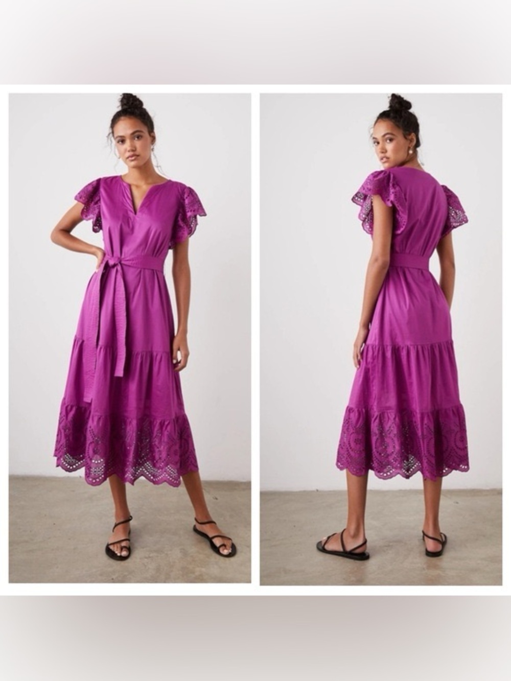 Soft Surroundings Fuchsia V-Neck Tiered Dress with Tie Waist, Size XL Petite